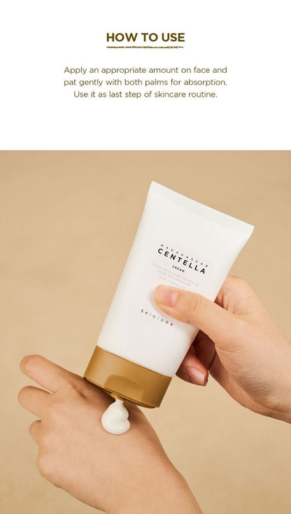 How to use: SKIN1004 Madagascar Centella Cream 75ml squeezed onto the back of the hand, then patted onto the face as the last skincare step