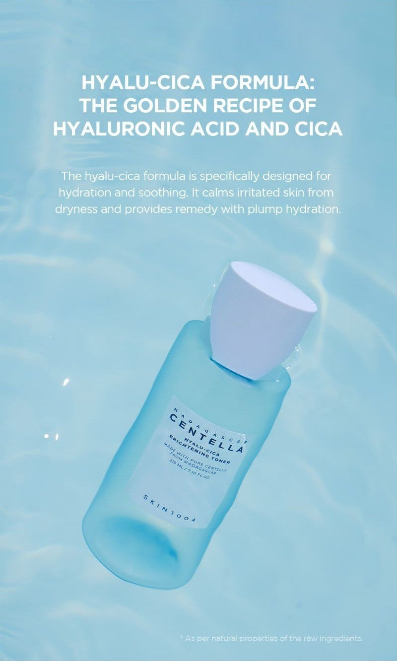 SKIN1004 Madagascar Centella Hyalu-Cica Brightening Toner 210ml key ingredients: the hyalu-cica formula of hyaluronic acid and centella, shown with the blue bottle floating in water