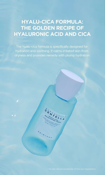 SKIN1004 Madagascar Centella Hyalu-Cica Brightening Toner 210ml key ingredients: the hyalu-cica formula of hyaluronic acid and centella, shown with the blue bottle floating in water