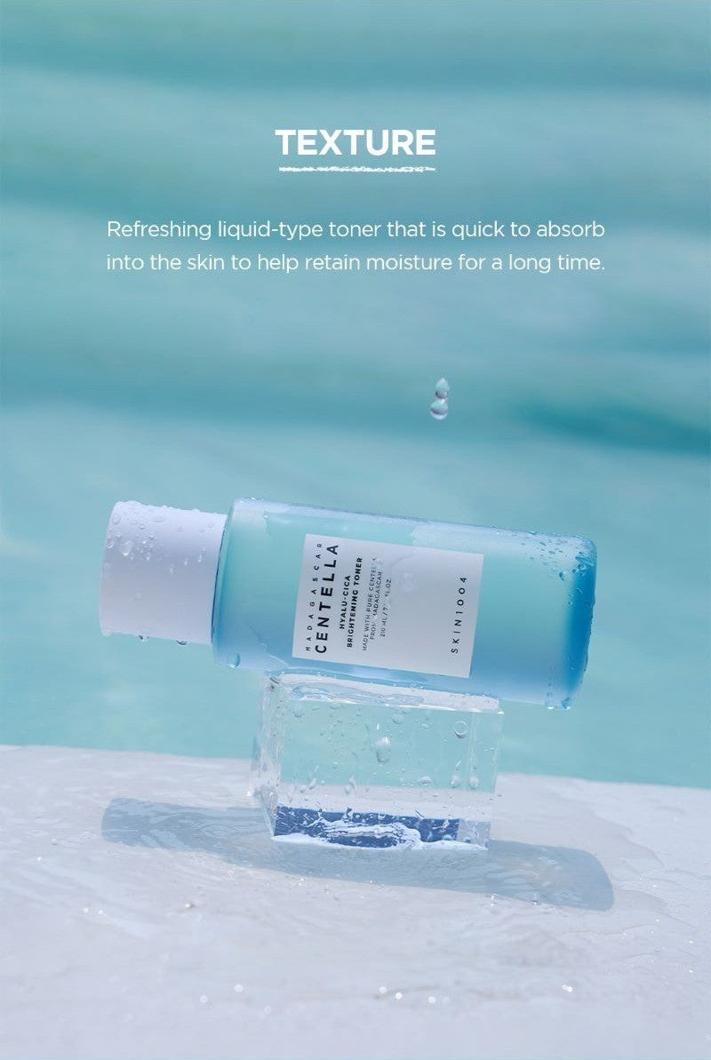 SKIN1004 Madagascar Centella Hyalu-Cica Brightening Toner 210ml refreshing liquid-type texture that absorbs quickly, shown with the bottle resting on an ice cube by water