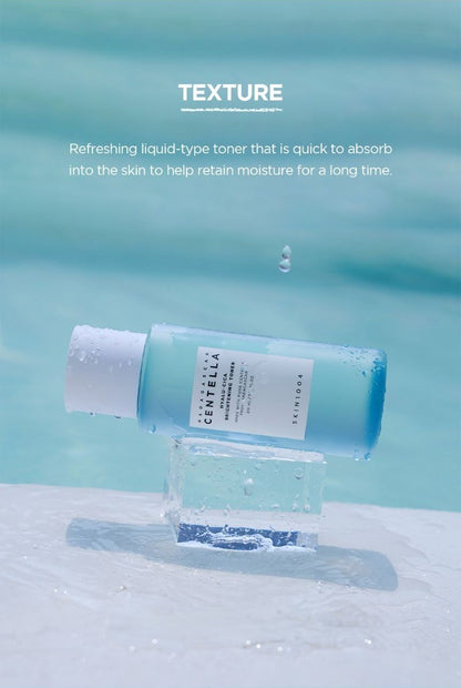 SKIN1004 Madagascar Centella Hyalu-Cica Brightening Toner 210ml refreshing liquid-type texture that absorbs quickly, shown with the bottle resting on an ice cube by water
