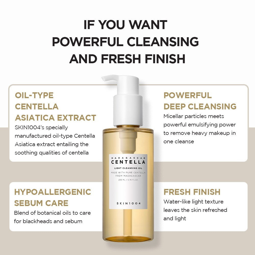 SKIN1004 Madagascar Centella Light Cleansing Oil 200ml benefits around the bottle: oil-type centella extract, powerful deep cleansing, sebum care and a fresh, light finish