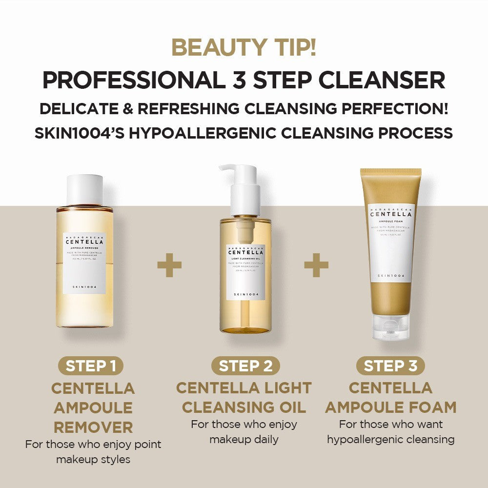 Three-step cleansing routine with SKIN1004 Madagascar Centella Light Cleansing Oil 200ml as step 2, between the Centella Ampoule Remover and Centella Ampoule Foam