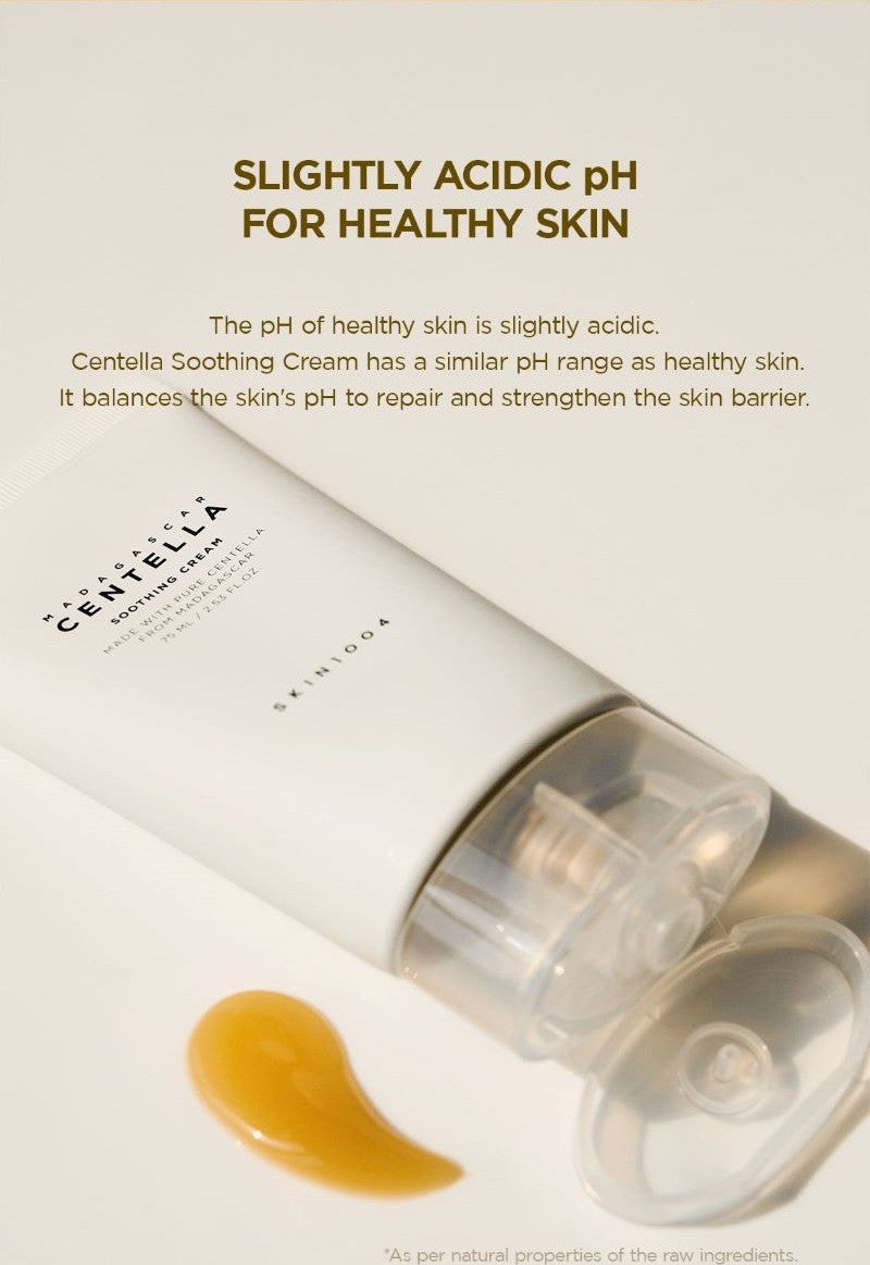 SKIN1004 Madagascar Centella Soothing Cream 75ml tube with a swatch of light-brown jelly cream, explaining its slightly acidic pH close to that of healthy skin