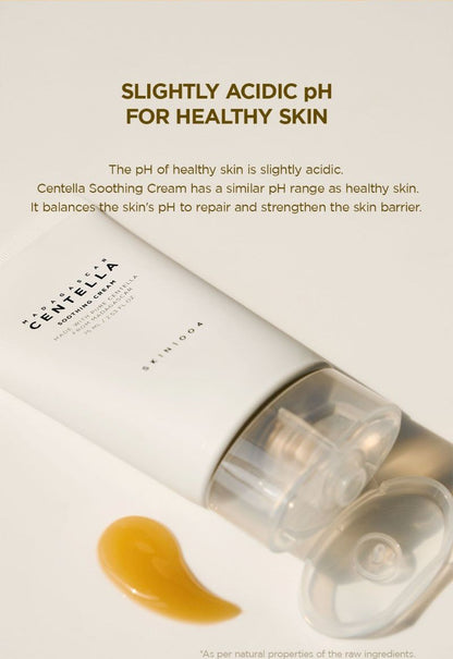 SKIN1004 Madagascar Centella Soothing Cream 75ml tube with a swatch of light-brown jelly cream, explaining its slightly acidic pH close to that of healthy skin