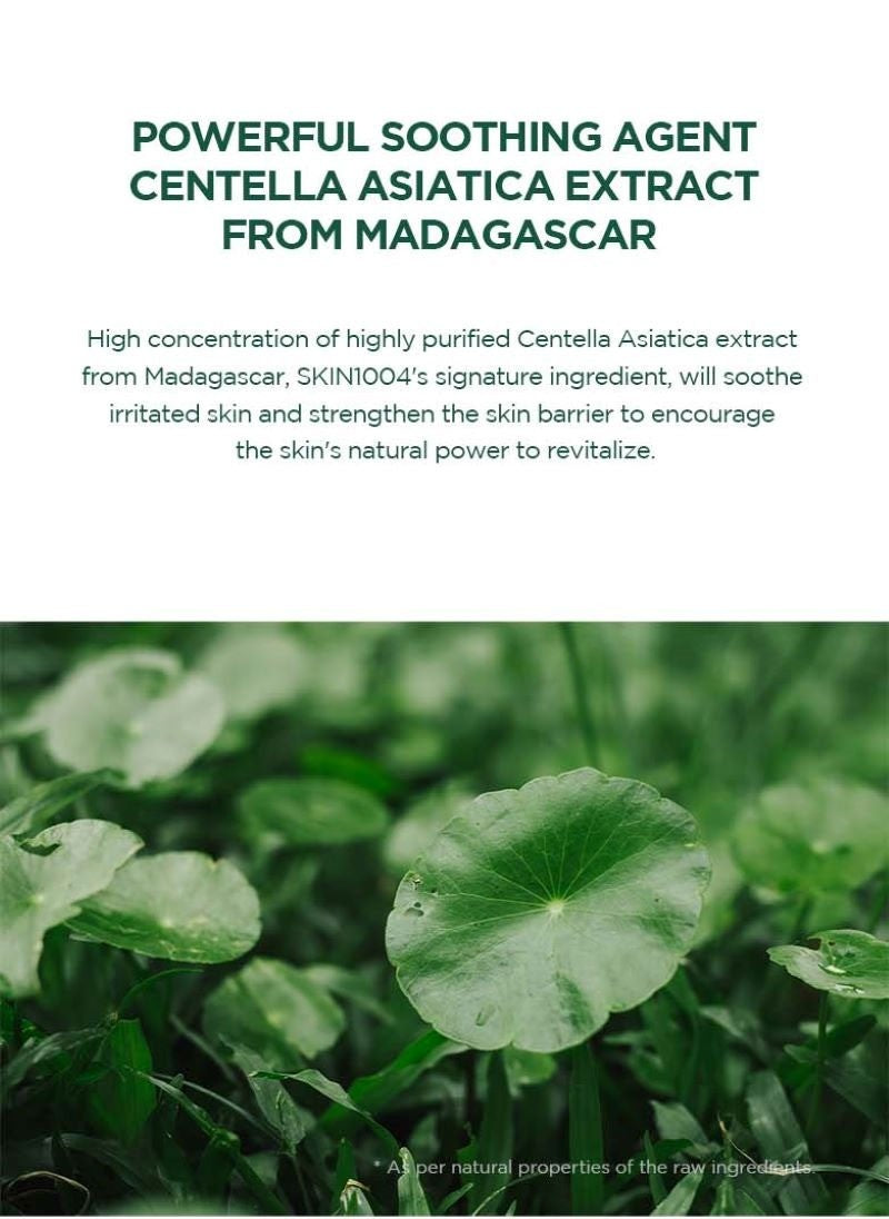 SKIN1004 Madagascar Centella Tea-Trica BHA Foam 125ml key ingredient panel: highly purified centella asiatica extract from Madagascar, shown with fresh centella leaves