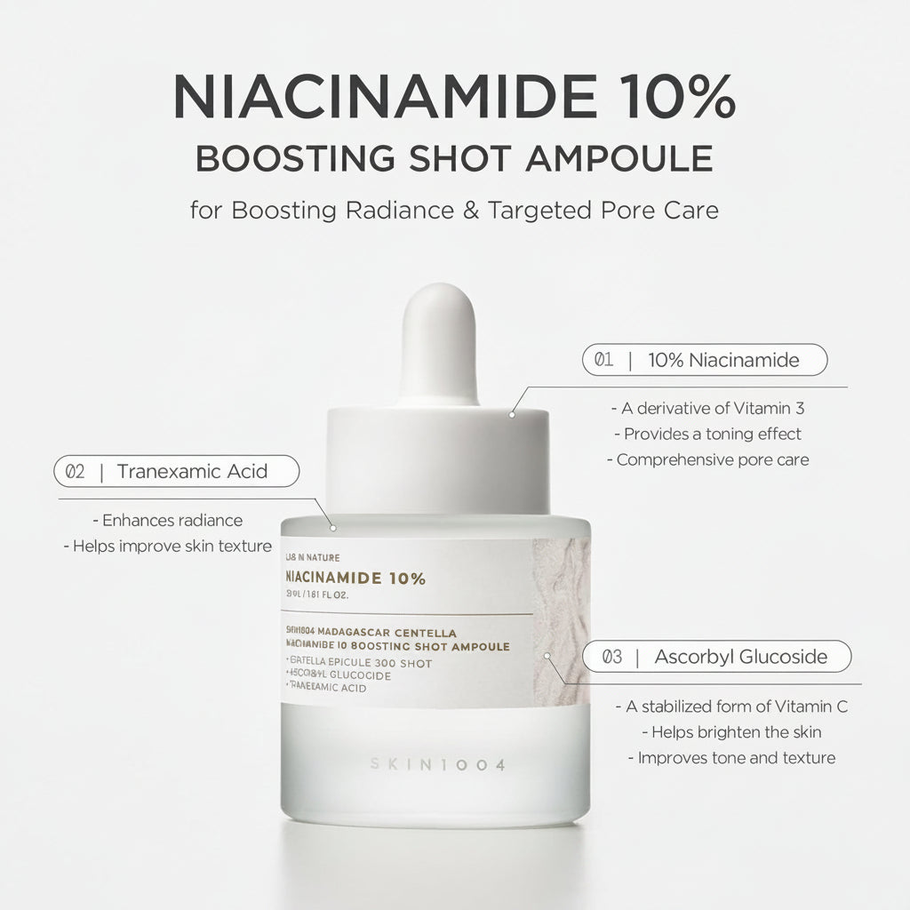Niacinamide 10% Boosting Shot Ampoule with its three actives labelled: 10% niacinamide, tranexamic acid and ascorbyl glucoside