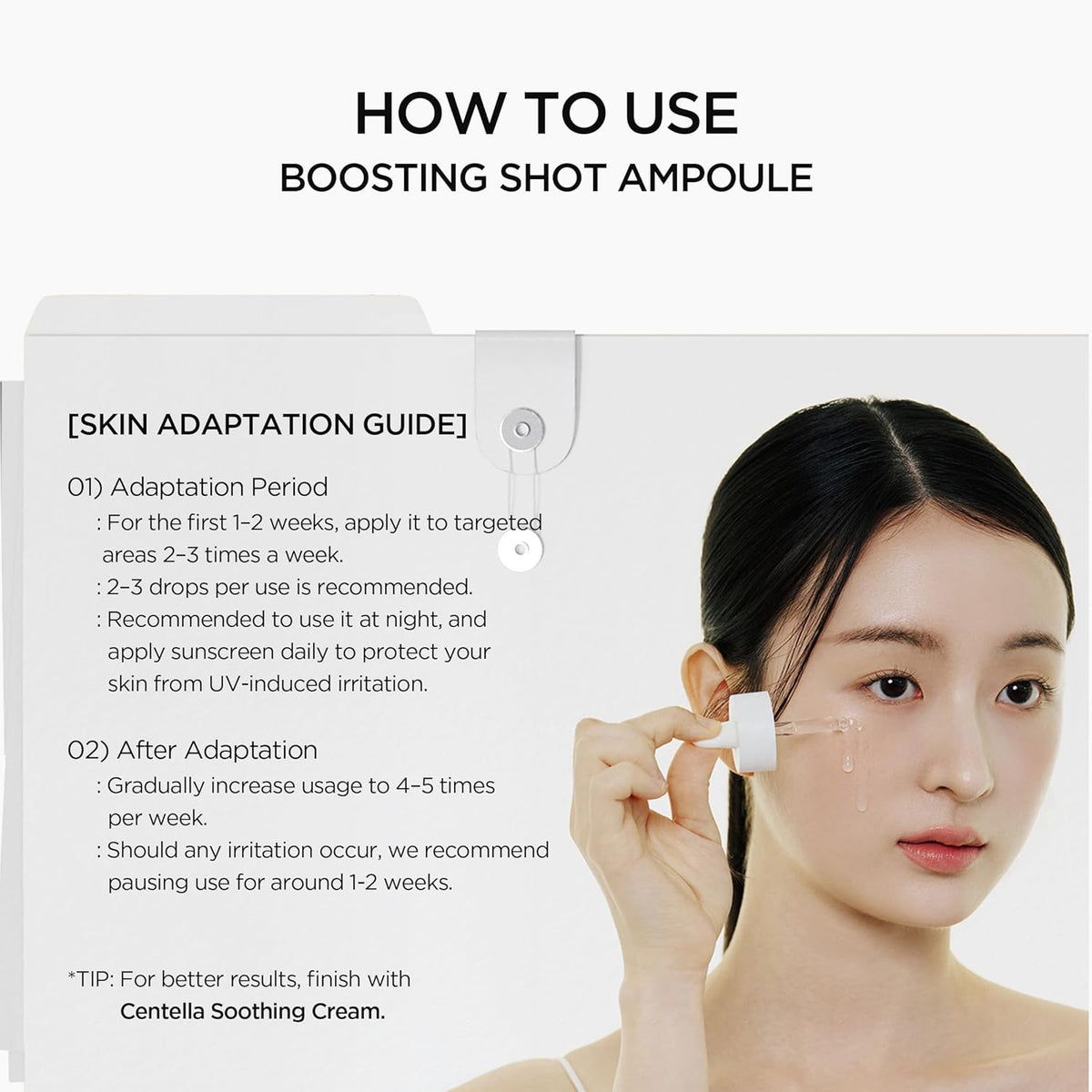 How to use with a skin adaptation guide: two to three drops on targeted areas two to three times a week at first, at night with daily sunscreen, then four to five times a week