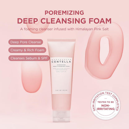 Poremizing Deep Cleansing Foam tube on pink, a foaming cleanser infused with Himalayan pink salt, tested non-irritating
