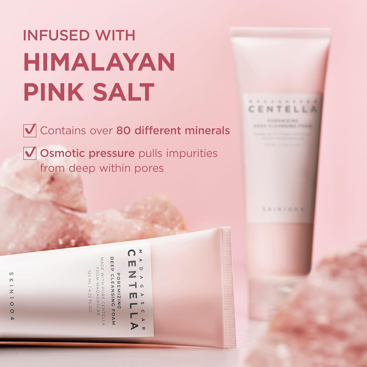 Two tubes beside chunks of Himalayan pink salt, with over 80 minerals and osmotic pressure that pulls impurities from pores