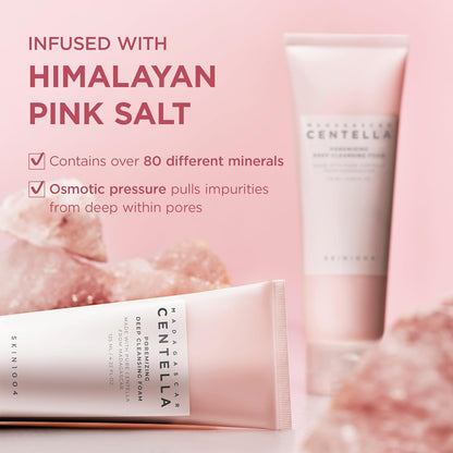 Two tubes beside chunks of Himalayan pink salt, with over 80 minerals and osmotic pressure that pulls impurities from pores