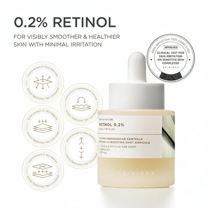 0.2% retinol for visibly smoother, healthier skin with minimal irritation, with a sensitive-skin irritation test approval mark