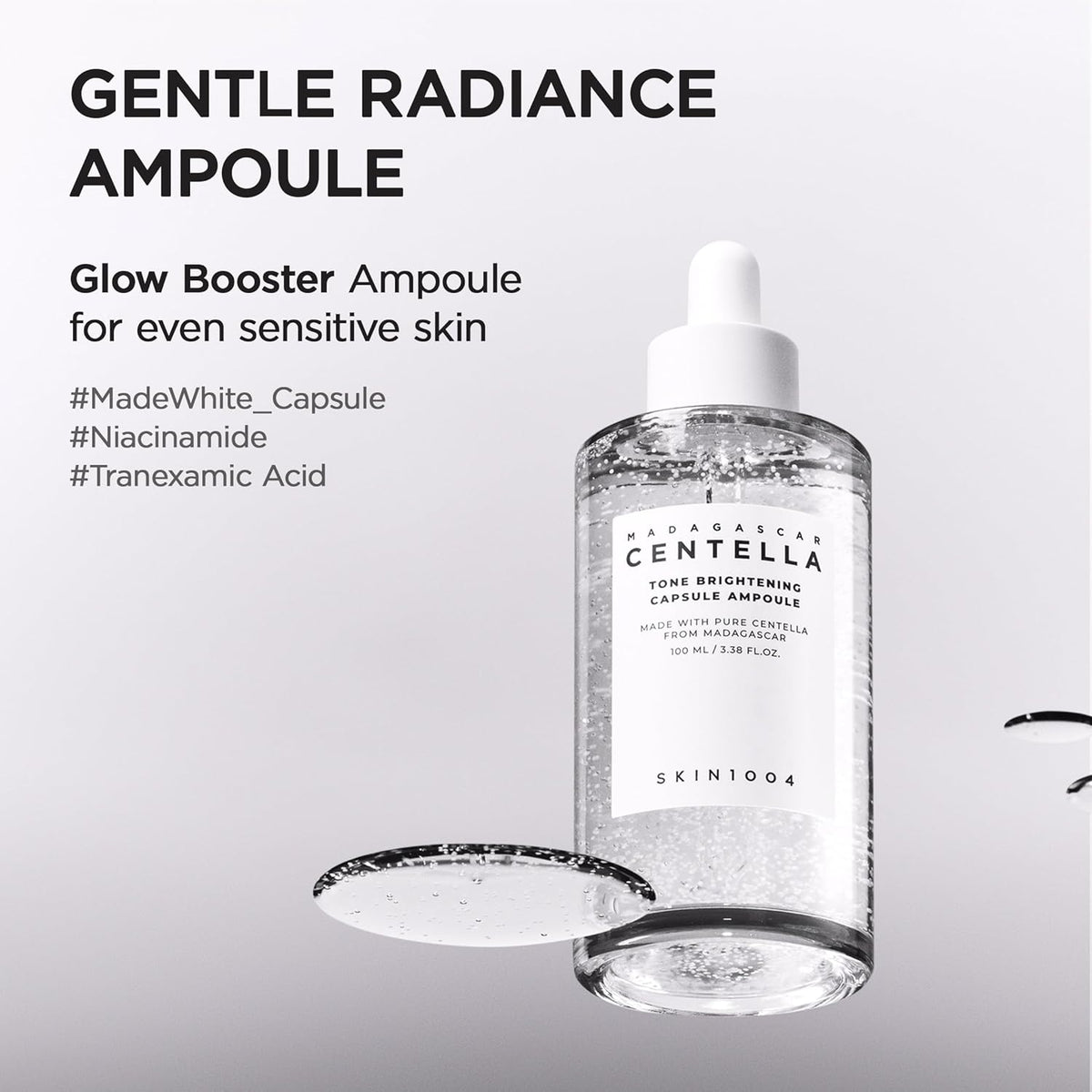 Gentle radiance ampoule: the Tone Brightening Capsule Ampoule with its dropper, a glow booster for sensitive skin with MadeWhite capsules, niacinamide and tranexamic acid