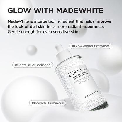 Glow with MadeWhite: the bottle among white spheres, a patented ingredient that improves the look of dull skin, gentle for sensitive skin