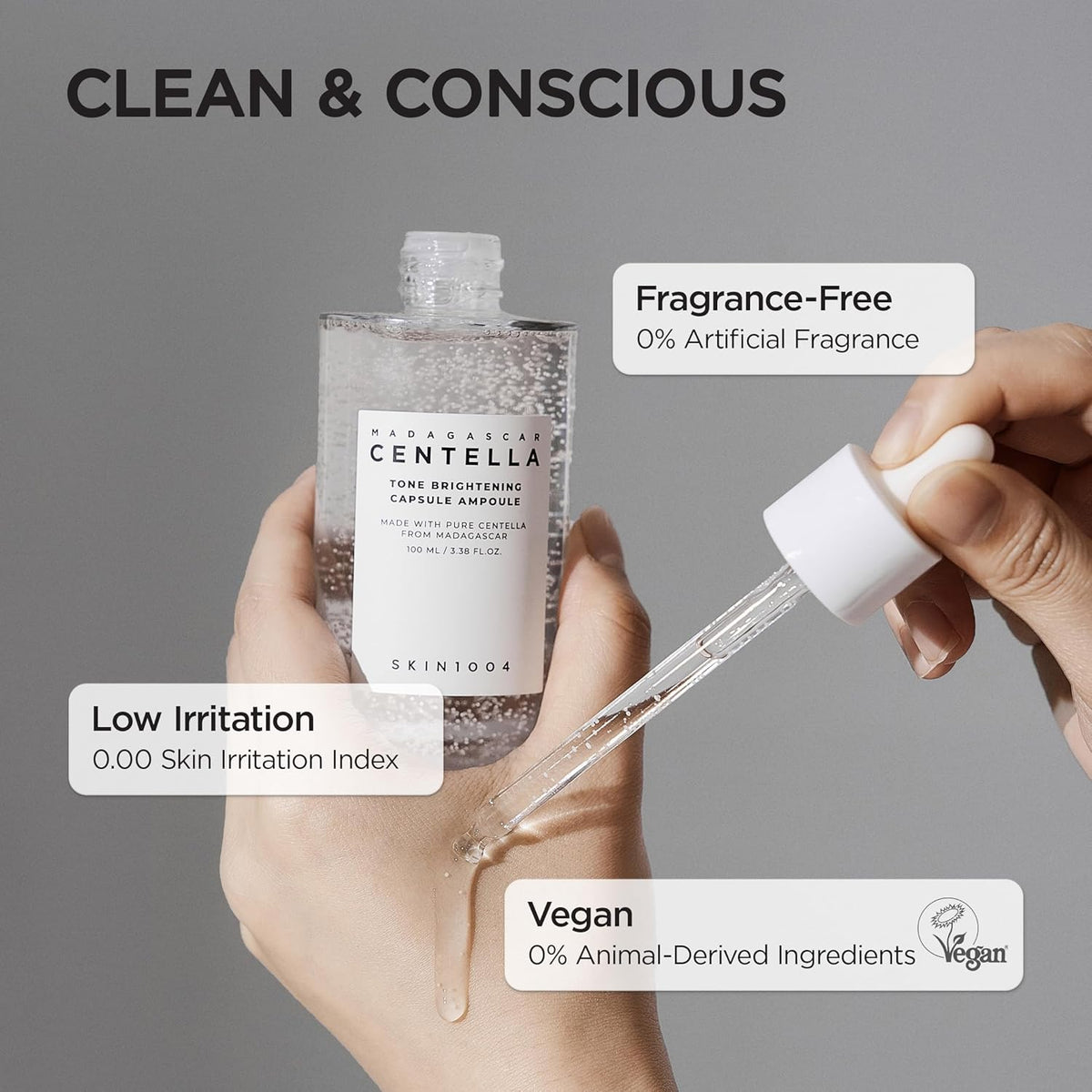 Clean and conscious: a hand holding the bottle and dropper, fragrance-free, low irritation with a 0.00 index, vegan