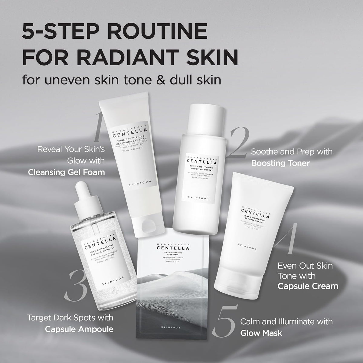 Five-step routine for radiant skin: cleansing gel foam, boosting toner, capsule ampoule, capsule cream and glow mask