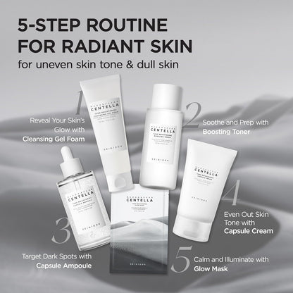 Five-step routine for radiant skin: cleansing gel foam, boosting toner, capsule ampoule, capsule cream and glow mask