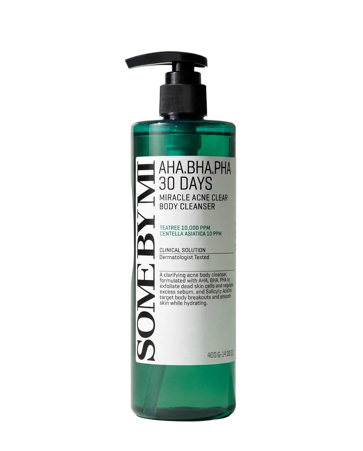 Some By Mi AHA BHA PHA Body Cleanser 400g - tall green body cleanser pump bottle, green background