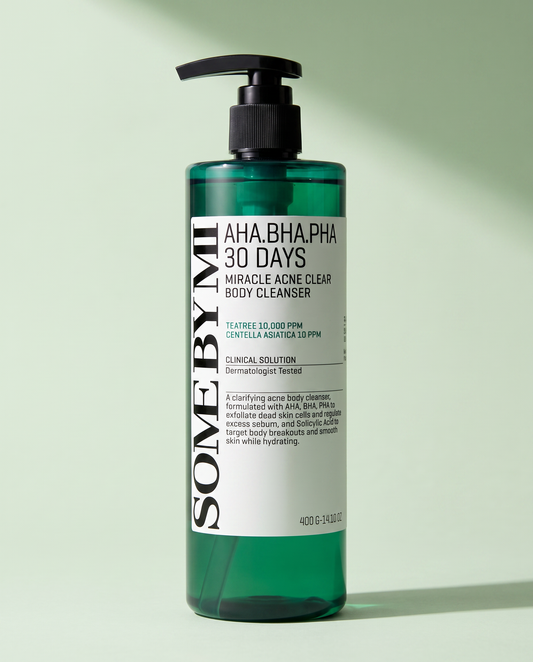 Some By Mi AHA BHA PHA Body Cleanser 400g - tall green pump bottle upright, pale green background