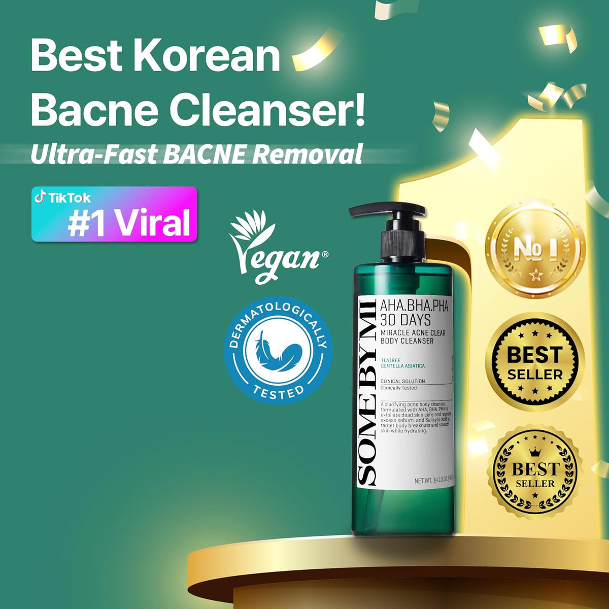 Best Korean bacne cleanser: the bottle on a golden podium, number one viral on TikTok, vegan, dermatologically tested, best seller badges