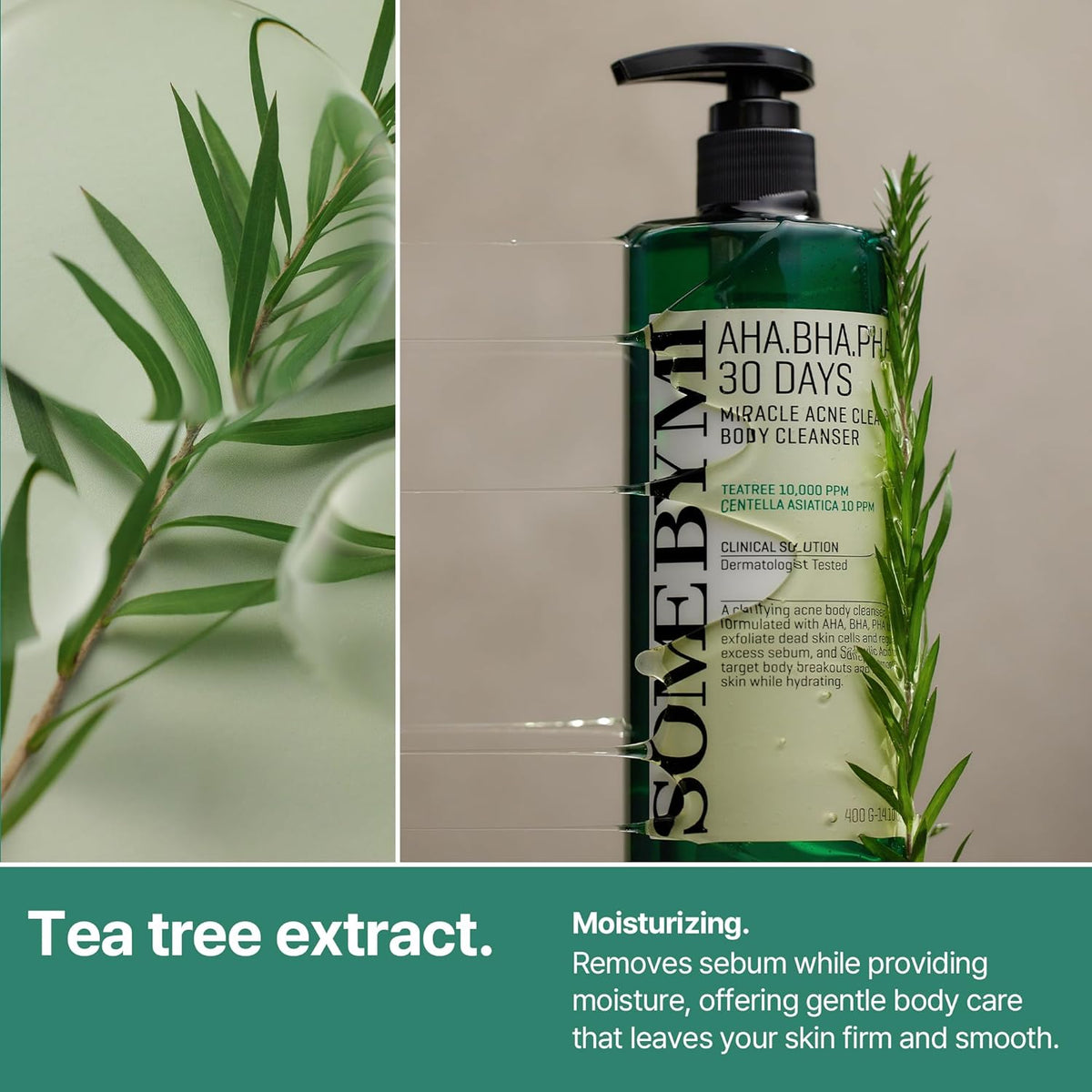 Tea tree extract: the bottle among tea tree sprigs, moisturising while removing sebum for firm smooth skin
