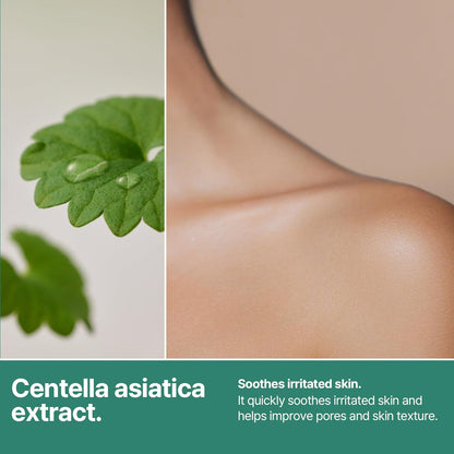Centella asiatica extract: a centella leaf beside a model's shoulder, soothes irritated skin and improves pores and texture