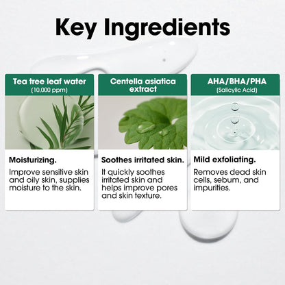 Key ingredients in three panels: tea tree leaf water at 10,000 ppm, centella asiatica extract and AHA BHA PHA salicylic acid