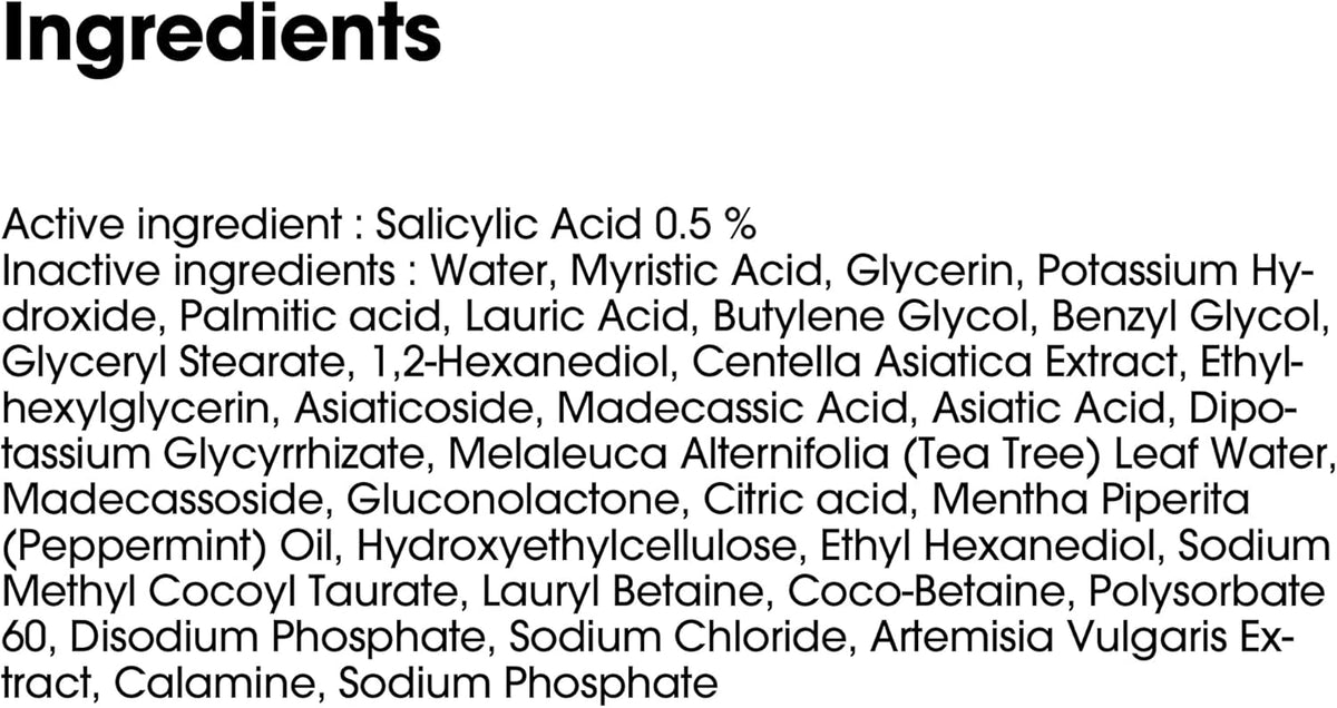 Ingredients list for the AHA BHA PHA Miracle Acne Clear Foam, active ingredient salicylic acid 0.5%