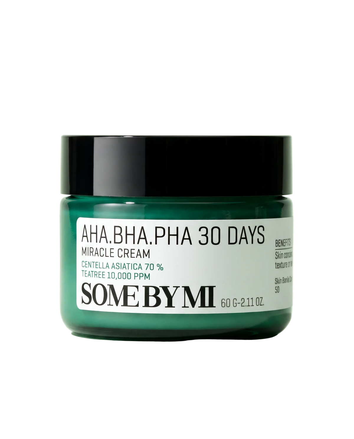Some By Mi AHA BHA PHA Miracle Cream 60g - black-lidded jar on a pale green background