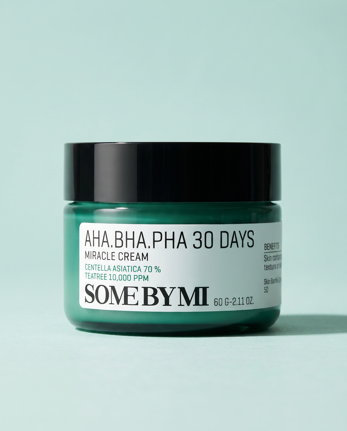 Some By Mi AHA BHA PHA Miracle Cream 60g - black-lidded jar, front label, green background