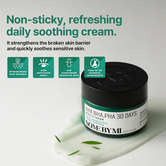 Non-sticky refreshing daily soothing cream: the Miracle Cream jar on a swipe of pale green cream, strengthens the barrier, 0.00 irritation, for acne-prone skin, free of 20