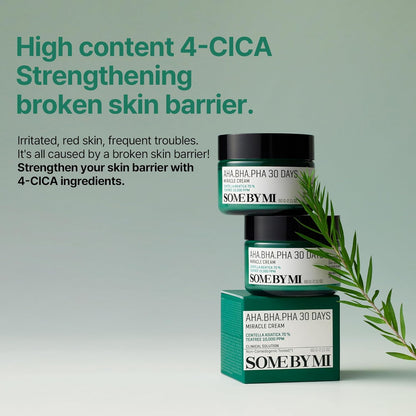 High content 4-Cica strengthening a broken skin barrier: stacked jars beside a tea tree sprig