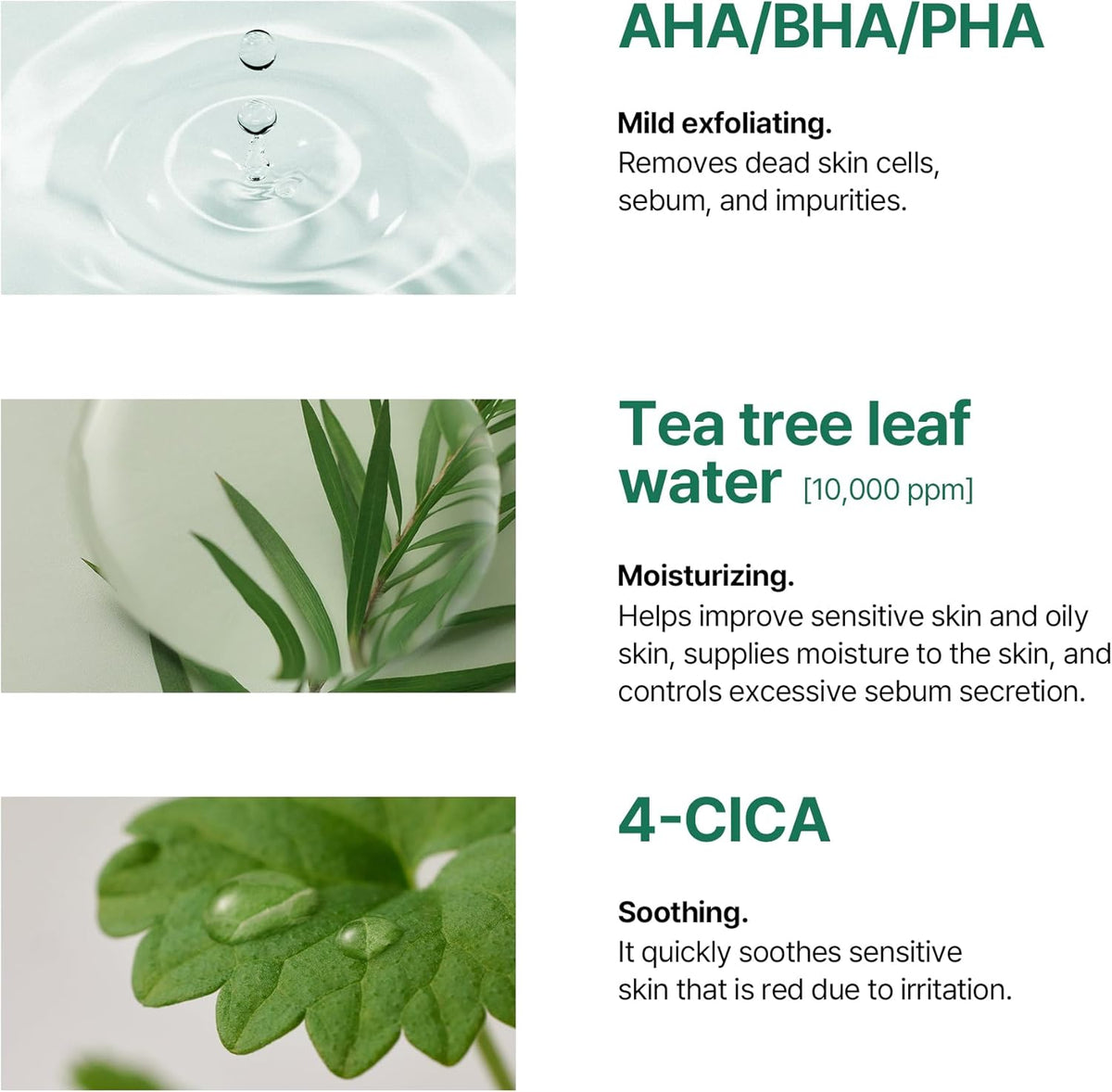 Key ingredients in three panels: AHA BHA PHA for mild exfoliation, tea tree leaf water at 10,000 ppm to moisturise, 4-Cica to soothe