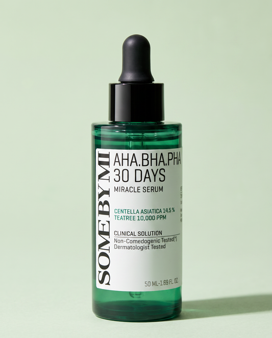 Some By Mi AHA BHA PHA Miracle Serum 50ml - green serum bottle with a black dropper, green background