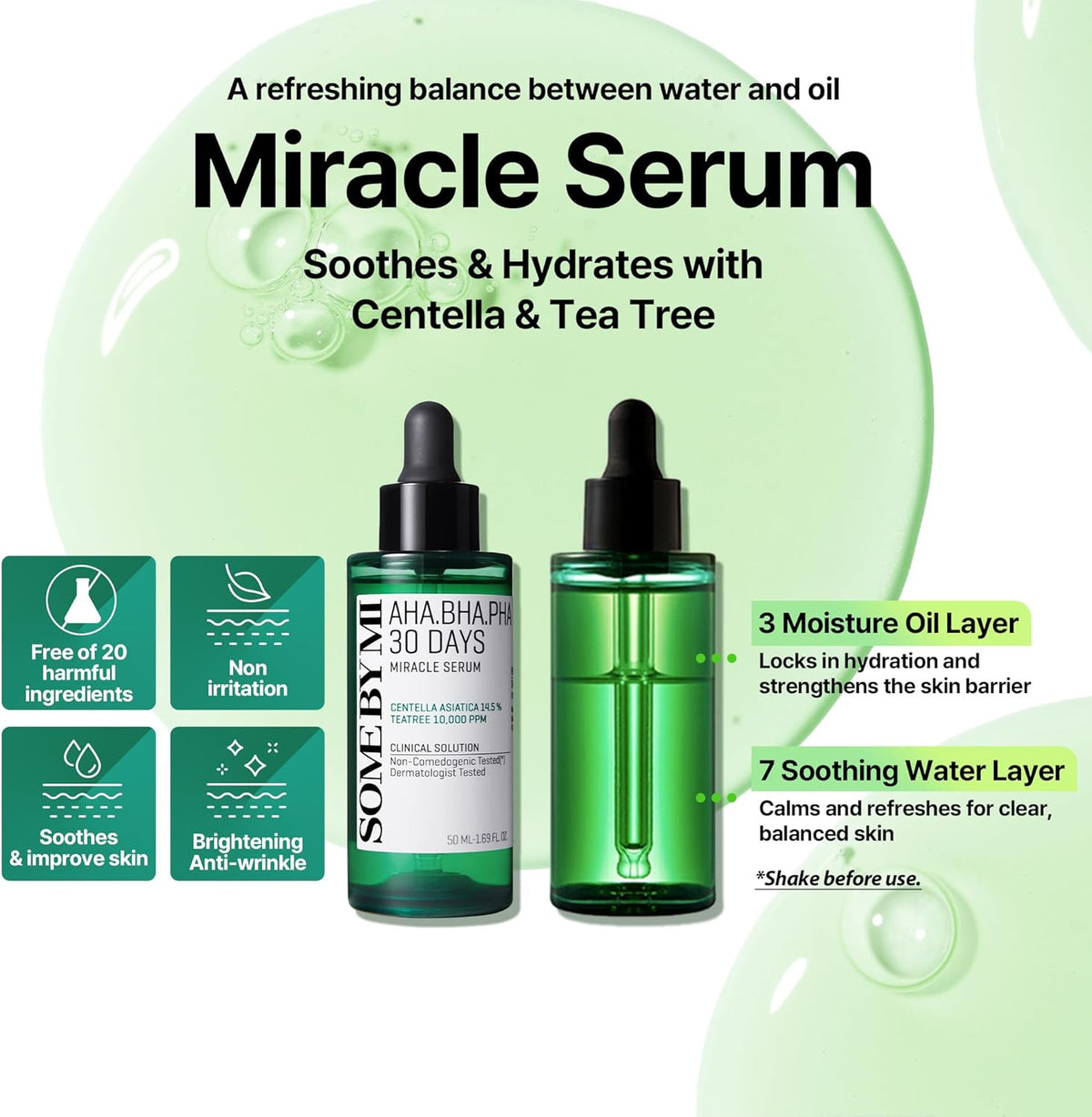 Miracle Serum, a refreshing balance between water and oil: two bottles showing the three-part moisture oil layer and seven-part soothing water layer, shake before use