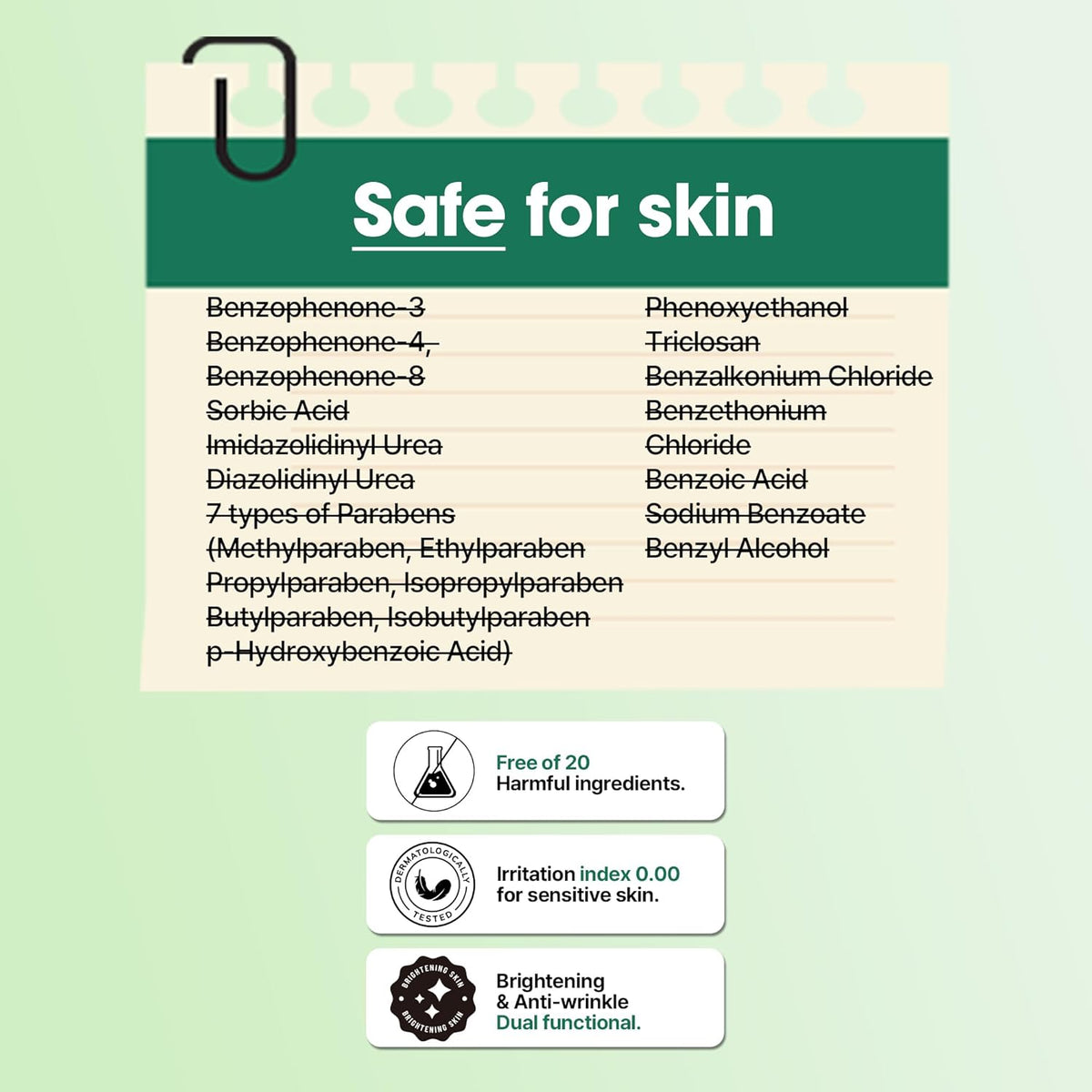 Safe for skin: a notepad listing excluded ingredients with a line through each, free of 20, 0.00 irritation index, brightening and anti-wrinkle dual functional