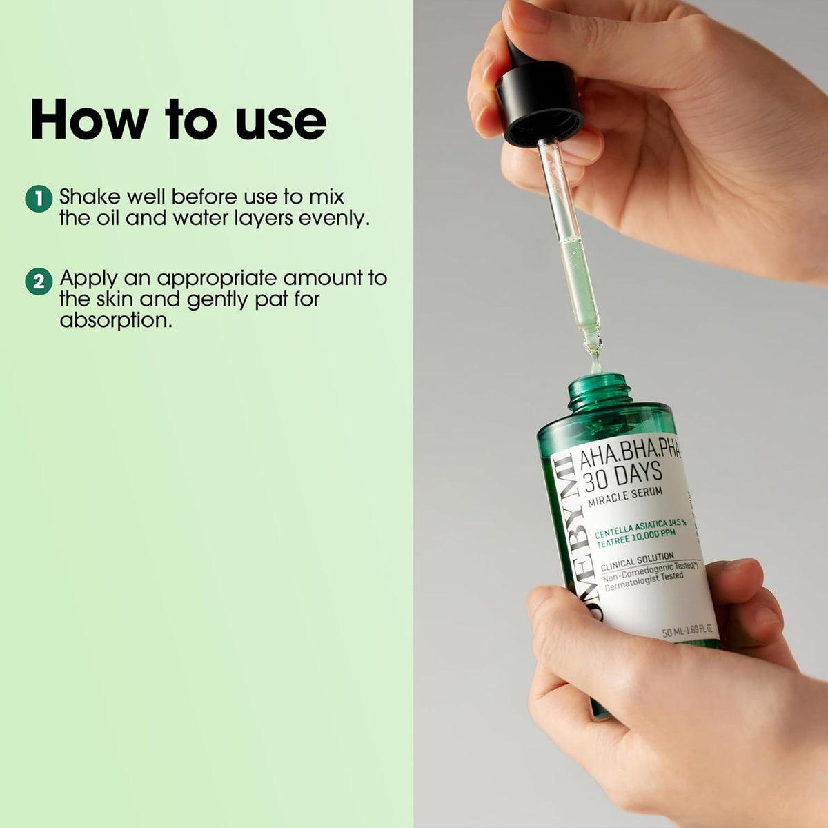 How to use beside a hand holding the dropper: shake well to mix the oil and water layers, apply an appropriate amount and pat to absorb