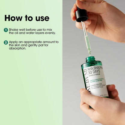 How to use beside a hand holding the dropper: shake well to mix the oil and water layers, apply an appropriate amount and pat to absorb