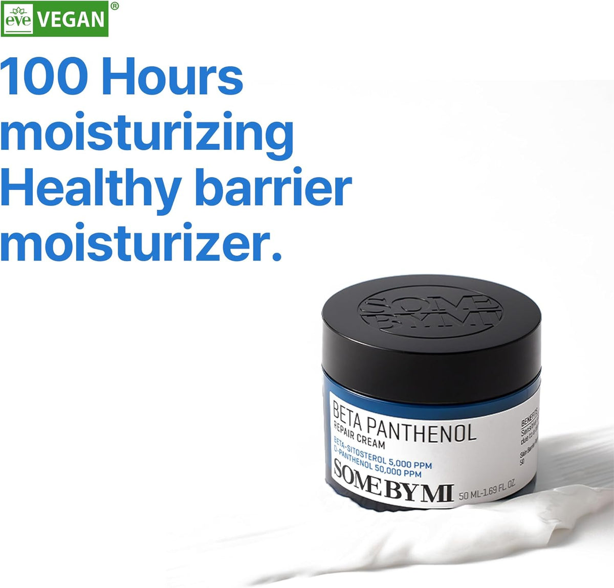 100 hours moisturising healthy barrier moisturiser: the Beta Panthenol Repair Cream jar on a swipe of white cream, vegan certified