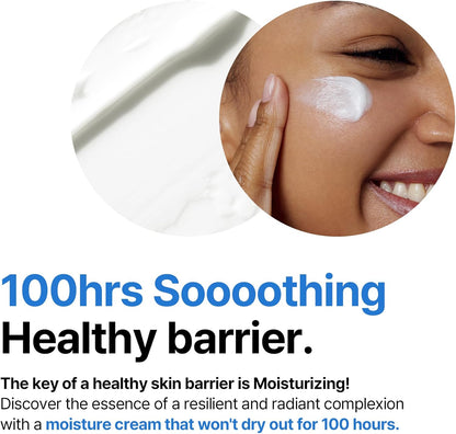 100 hours soothing healthy barrier: a smiling model applying cream to her cheek, a moisture cream that won't dry out for 100 hours
