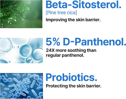 Key ingredients in three panels: beta-sitosterol pine tree cica for the barrier, 5% D-panthenol 24 times more soothing, and probiotics