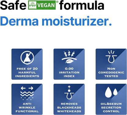 Safe vegan formula derma moisturiser: six badges for free of 20, 0.00 irritation, non-comedogenic, anti-wrinkle, removes blackheads, oil and sebum control