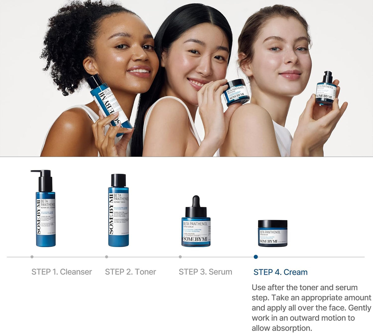 Three smiling models holding Beta Panthenol products, with the four-step routine: cleanser, toner, serum and cream