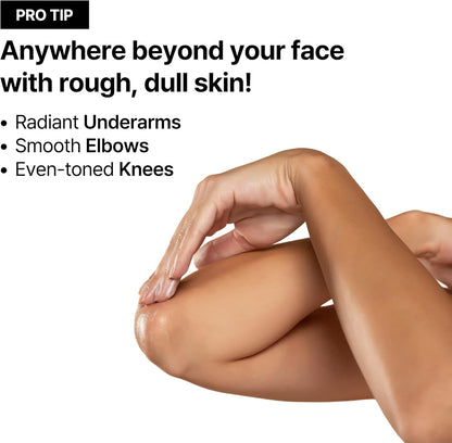 Pro tip: anywhere beyond your face with rough, dull skin - radiant underarms, smooth elbows, even-toned knees - shown with a hand on an elbow