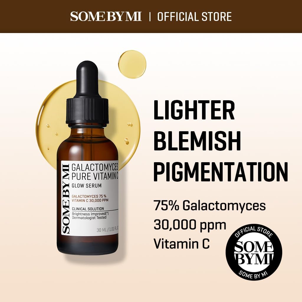 Some By Mi official store: the Galactomyces Pure Vitamin C Glow Serum bottle for lighter blemish pigmentation, 75% galactomyces and 30,000 ppm vitamin C