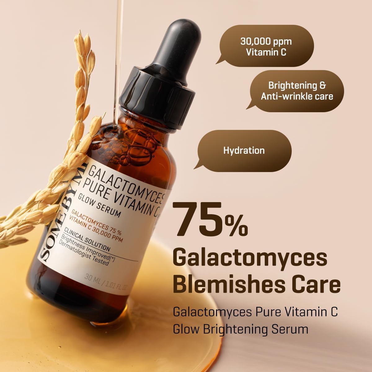 75% galactomyces blemish care: the bottle on its side with rice stalks, 30,000 ppm vitamin C, brightening and anti-wrinkle care, hydration