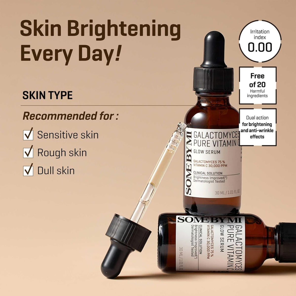 Skin brightening every day: two bottles with the dropper, recommended for sensitive, rough and dull skin, 0.00 irritation, free of 20
