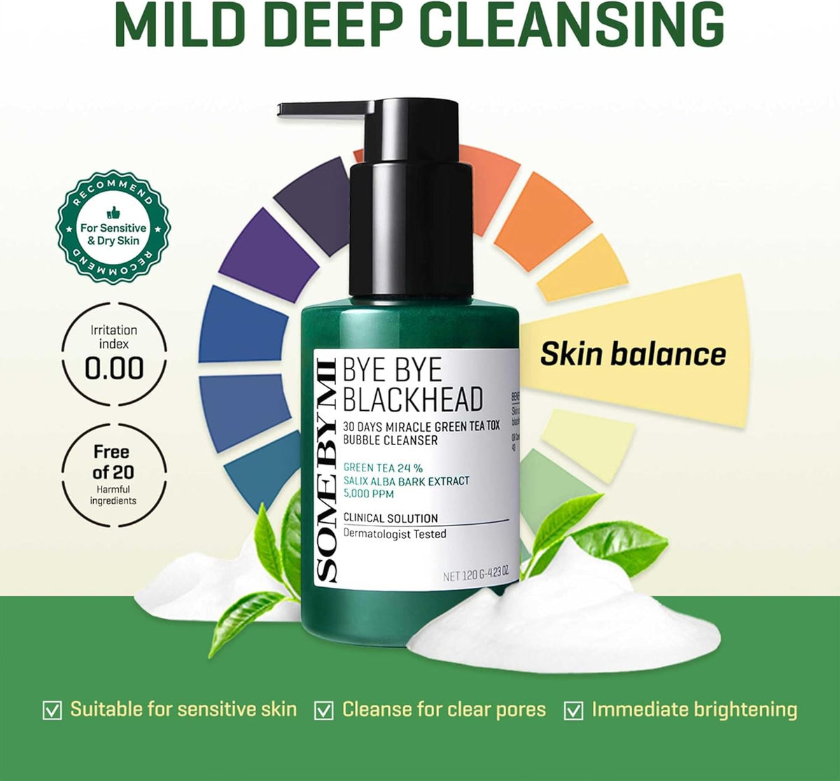 Mild deep cleansing: the bottle on a colour wheel for skin balance, 0.00 irritation, free of 20, suitable for sensitive skin, immediate brightening