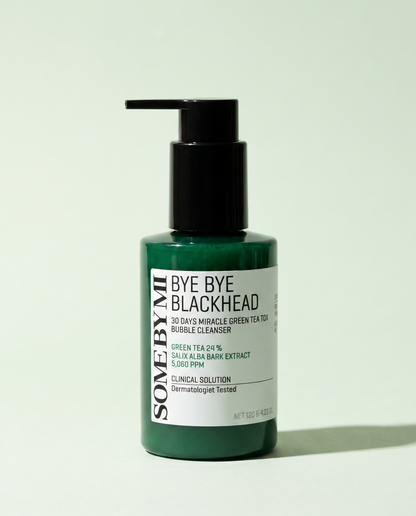Some By Mi Green Tea Tox Bubble Cleanser 120g - dark green pump cleanser bottle, mint background