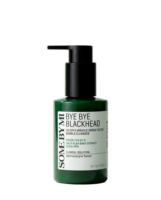 Some By Mi Green Tea Tox Bubble Cleanser 120g - dark green pump bottle, front label, green background